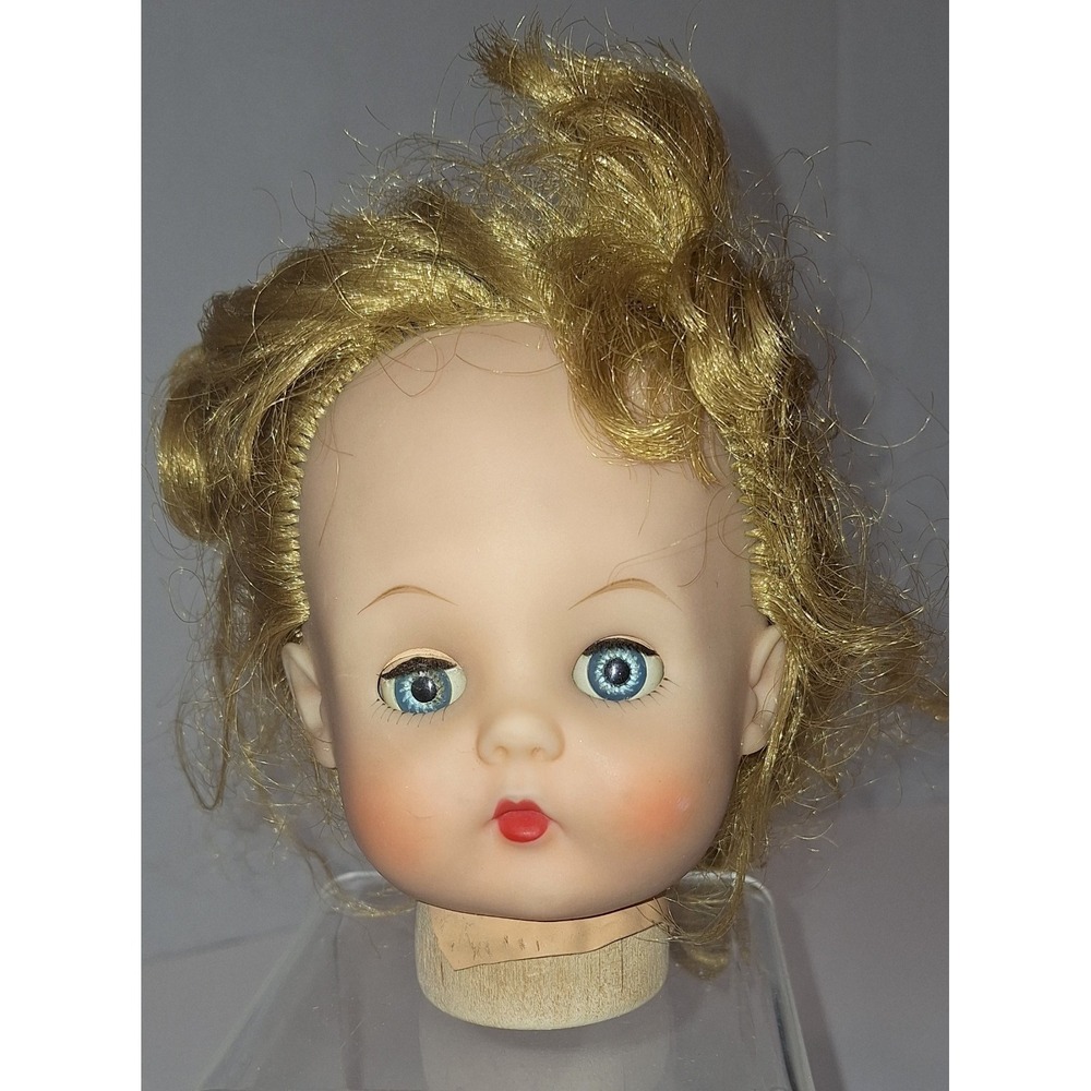 Vintage Plastic Doll Head On‎ Wood Block Blonde Sleepy Eye Halloween